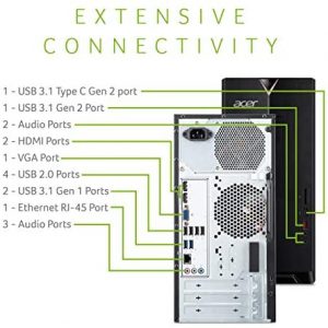 Acer Aspire TC-885-UA91 Desktop, 9th Gen Intel Core i3-9100, 8GB DDR4, 512GB SSD, 8X DVD, 802.11AC Wifi, USB 3.1 Type C, Windows 10 Home,Black