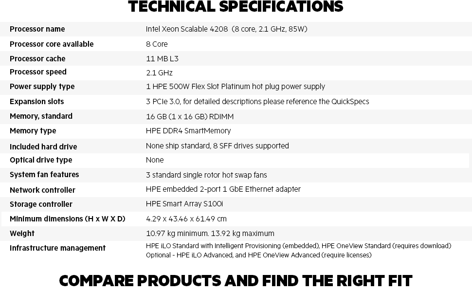 DL160 Gen10 Server - Tech Spec. Chart