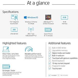 HP 15-inch Touchscreen Laptop, AMD Ryzen 3 3250U, 8 GB RAM, 256 GB SSD, Windows 10 Home in S Mode (15-ef1020nr, Natural Silver)