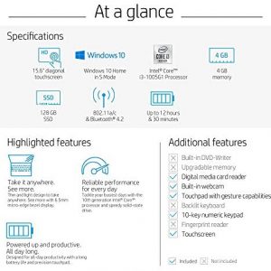 HP 15-Inch HD Touchscreen Laptop, 10th Gen Intel Core i3-1005G1, 4 GB SDRAM, 128 GB Solid-State Drive, Windows 10 Home in S Mode (15-dy1010nr, Natural Silver), 15-15.99 inches