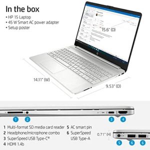 HP 15.6" Diagonal HD (1366 x 768) Laptop, 11th Gen Intel Core i3-1115G4 Processor, 8GB DDR4 RAM, 256GB SSD, 802.11ac, Bluetooth, HDMI, Windows 10 Home, Natural Silver W/ Valinor Accessories