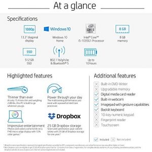 HP Pavilion 13-Inch Laptop, 10th Gen Intel Core i5-1035G1, 8 GB SDRAM Memory, 512 GB Solid-State Drive, Windows 10 Home (13-an1010nr, Mineral Silver)