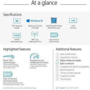 HP 14-inch Laptop, Intel Pentium Silver N5000 Processor, 4 GB SDRAM, 128 GB Solid State Drive, Windows 10 Home in S Mode (14-df0010nr, Natural Silver)