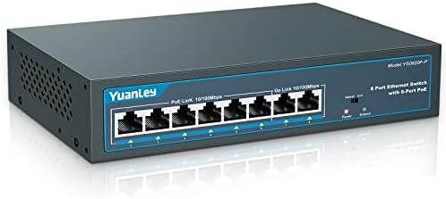 YuanLey 6 Port PoE Switch with 2 Ethernet Uplink, 6 PoE+ Port 100Mbps, 78W 802.3af/at, Ports Vlan, Extend 250m, Metal, Fanless, Unmanaged Plug and Play Network Switch Rackmount