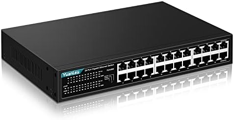 YuanLey 24 Port Gigabit Ethernet Switch, VLAN, Extend 250m, Fanless Metal Rackmount Unmanaged Plug and Play Network Switch