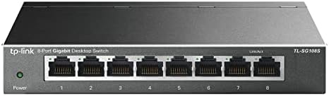 TP-Link TL-SG108S 8 Port Gigabit Ethernet Switch Desktop/Wall-Mount Plug & Play Fanless Sturdy Metal Limited Lifetime Protection 802.1p/DSCP QoS & IGMP Snooping Compact Design