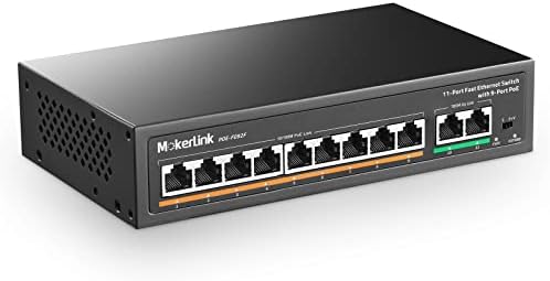 MokerLink 11 Port PoE Switch with 9 Port PoE+, 2 Fast Ethernet UpLink, 10/100Mbps, 120W 802.3af/at PoE, Fanless Plug & Play Network Switch