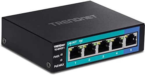 TRENDnet 5-Port Unmanaged Gigabit PoE+ Switch, 4 x Gigabit PoE+, 1 x Gigabit Port, 10Gbps Switching Capacity, 35W PoE Power Budget, Metal Network Ethernet Switch, Fanless, Black, TE-GP051
