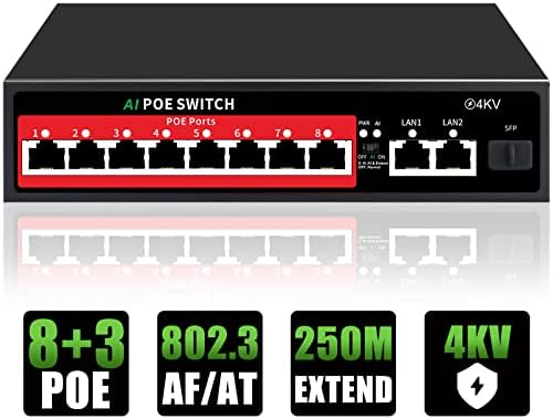 STEAMEMO 11-Port Ethernet Unmanaged PoE Switch, 8 PoE+ Ports@100W, 2 Gigabit Uplinks, 1*1.25G SFP Port, 250m Extend Mode, Fanless Sturdy Metal ,Plug and Play, Desktop or Wall Mount