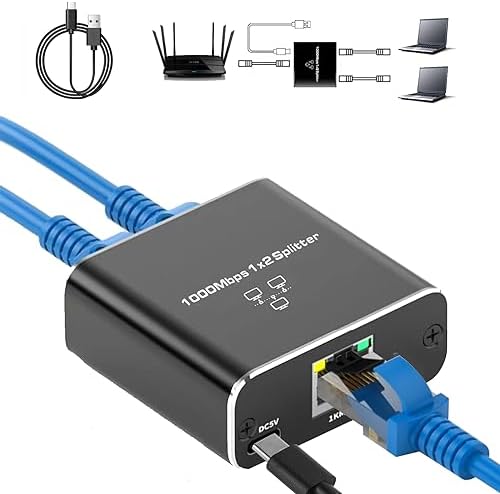 CAPUP Ethernet Splitter 1 to 2 High Speed 1000Mbps, Gigabit Ethernet Splitter, LAN Splitter with USB Power Cable, RJ45 Splitter for Cat5/5e/6/7/8 Cable[2 Devices Simultaneously Networking]