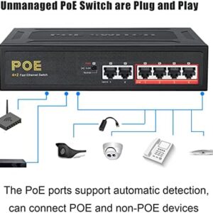 TEROW PoE Switch, 6 Port 100Mbps Ethernet Network Switch(4 PoE+ Port with 2 Extra Uplink Port), 802.3af/at Compliant | Plug & Play | Shielded Ports | Traffic Optimization | Fanless Quiet