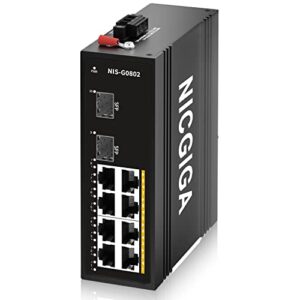 NICGIGA 10 Port Hardened Industrial Gigabit Ethernet Switch, with 8 x 1000Mbps RJ45 Ports +2 SFP Uplink Network Switch. DIN-Rail & Mount, IP40 Metal Enclosure(-30° to 75°)