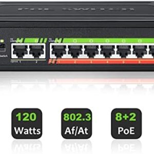 TEROW PoE Switch, 10 Port Gigabit Ethernet Network Switch( 8 PoE+ Port with 2 Extra Uplink Port), 802.3af/at Compliant | Plug & Play | Shielded Ports | Traffic Optimization | Fanless Quiet
