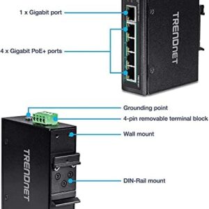 TRENDnet 5-Port Hardened Industrial Unmanaged Gigabit Switch, TI-PG50, 10/100/1000Mbps, DIN-Rail Switch, 4 x Gigabit PoE+ Ports, 1 x Gigabit Port, Gigabit Ethernet Network Switch, Lifetime Protection