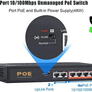 TEROW PoE Switch, 6 Port 100Mbps Ethernet Network Switch(4 PoE+ Port with 2 Extra Uplink Port), 802.3af/at Compliant | Plug & Play | Shielded Ports | Traffic Optimization | Fanless Quiet