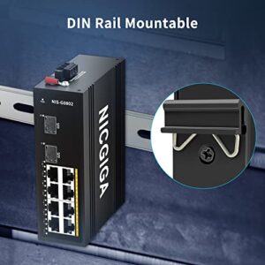 NICGIGA 10 Port Hardened Industrial Gigabit Ethernet Switch, with 8 x 1000Mbps RJ45 Ports +2 SFP Uplink Network Switch. DIN-Rail & Mount, IP40 Metal Enclosure(-30° to 75°)