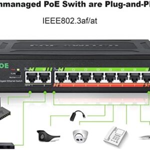 TEROW PoE Switch, 10 Port Gigabit Ethernet Network Switch( 8 PoE+ Port with 2 Extra Uplink Port), 802.3af/at Compliant | Plug & Play | Shielded Ports | Traffic Optimization | Fanless Quiet