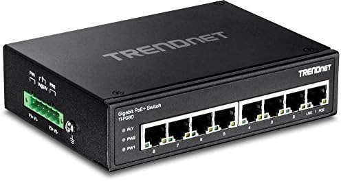 TRENDnet 8-Port Hardened Industrial Unmanaged Gigabit PoE+ DIN-Rail Switch, TI-PG80, 200W Full PoE+ Power Budget, 16 Gbps Switching Capacity, IP30 Rated Network Switch, Lifetime Protection, Black