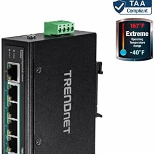 TRENDnet 5-Port Hardened Industrial Unmanaged Gigabit Switch, TI-PG50, 10/100/1000Mbps, DIN-Rail Switch, 4 x Gigabit PoE+ Ports, 1 x Gigabit Port, Gigabit Ethernet Network Switch, Lifetime Protection