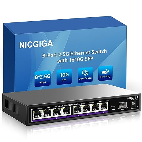 NICGIGA 8 Port 2.5G Ethernet Switch + 10G SFP Uplink, Unmanaged 2.5Gb Network Switch, One-Key VLAN, Plug & Play, Desktop/Wall-Mount, Fanless Metal Design.