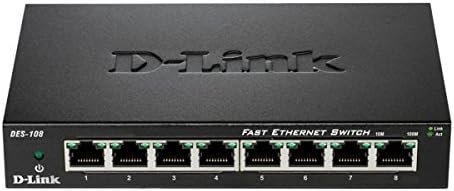 D-Link Fast Ethernet Switch, 8 Port Unmanaged Metal Fanless Desktop Network Internet (DES-108), Black