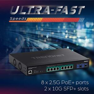 TRENDnet 10-Port Multi-Gig Web Smart PoE+ Switch, 8 x 2.5GBASE-T PoE+ Ports, 2 x 10G SFP+ Slots, Metal Housing, Managed Network Ethernet Switch, Lifetime Protection, Black, TPE-3102WS