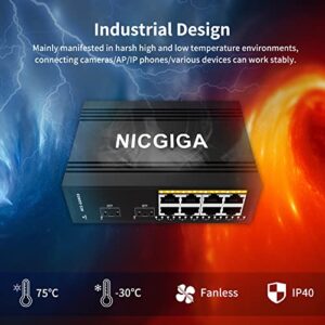 NICGIGA 10 Port Hardened Industrial Gigabit Ethernet Switch, with 8 x 1000Mbps RJ45 Ports +2 SFP Uplink Network Switch. DIN-Rail & Mount, IP40 Metal Enclosure(-30° to 75°)