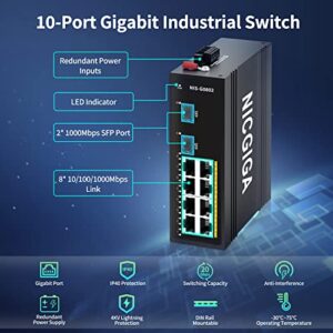 NICGIGA 10 Port Hardened Industrial Gigabit Ethernet Switch, with 8 x 1000Mbps RJ45 Ports +2 SFP Uplink Network Switch. DIN-Rail & Mount, IP40 Metal Enclosure(-30° to 75°)