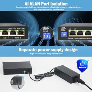 ENS PoE Switch - 100 Mbps 800 ft - Standard IEEE 802 3i/3u/3x/af/at Protocol - 30W max Power Every Single Port - 4 Working Mode, Perfect for IP Camera, Wireless AP, IP Phone (6 Ports/4 PoE 60W)