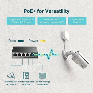 TP-Link TL-SF1005P | 5 Port Fast Ethernet PoE Switch | 4 PoE+ Ports @67W | Desktop | Plug & Play | Sturdy Metal w/ Shielded Ports | Fanless | Extend & Priority Mode