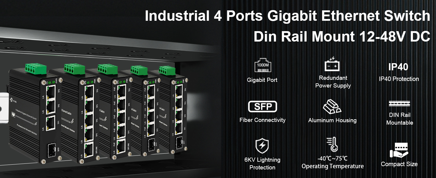 4 Port Industrial DIN-Rail Ethernet Switch, 3 x Ethernet Ports, IP40 Rated, Unmanaged Network Switch